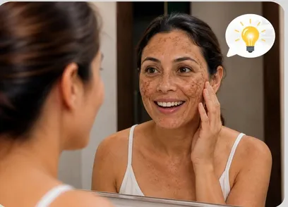 Mulher sorrindo diante do espelho enquanto observa as manchas do rosto